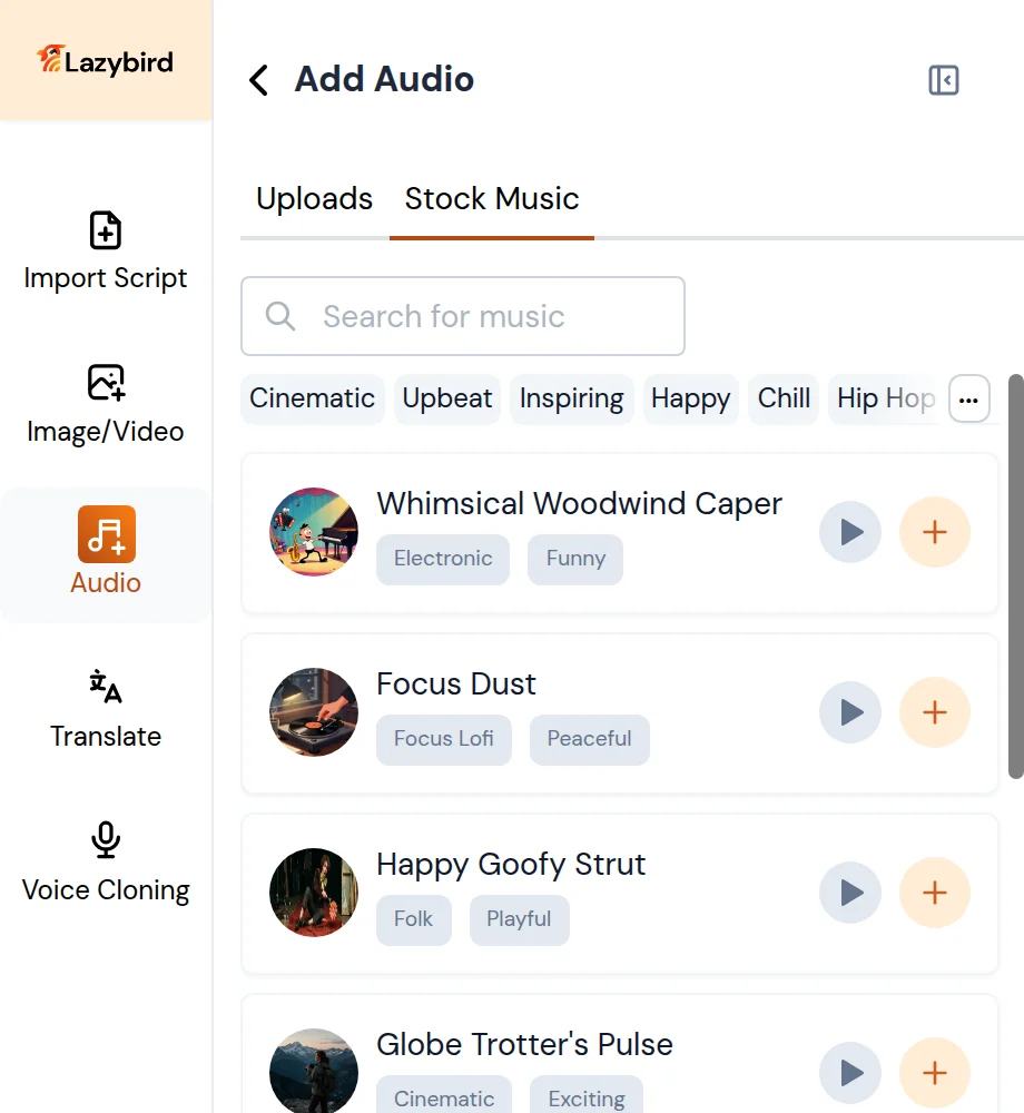Add Audio panel showing the Stock Music library