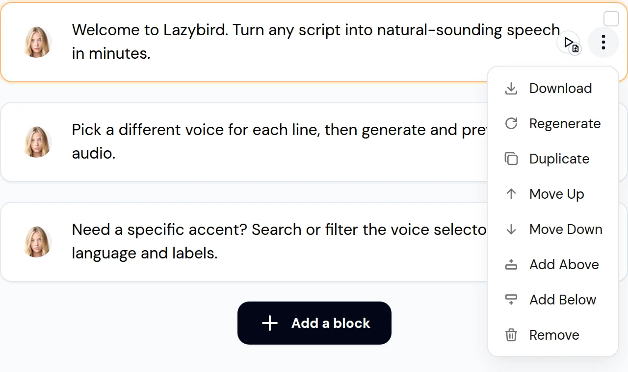 Block menu with Download, Regenerate, Duplicate, Move Up, Move Down, Add Above, Add Below and Remove