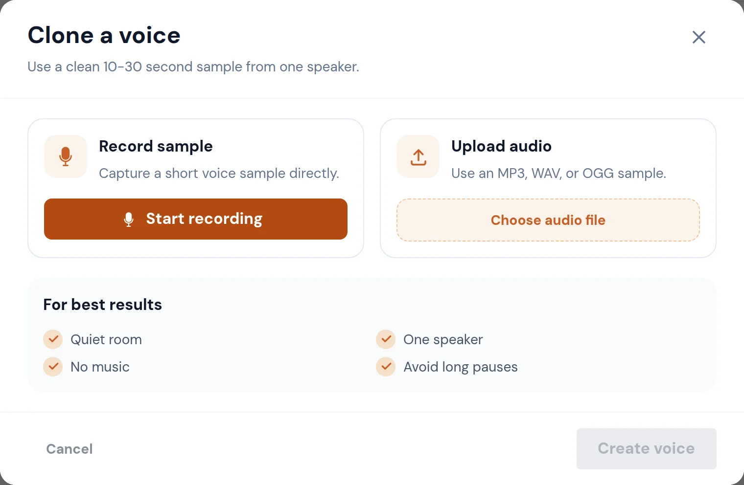 Clone a voice dialog with Record sample and Upload audio options