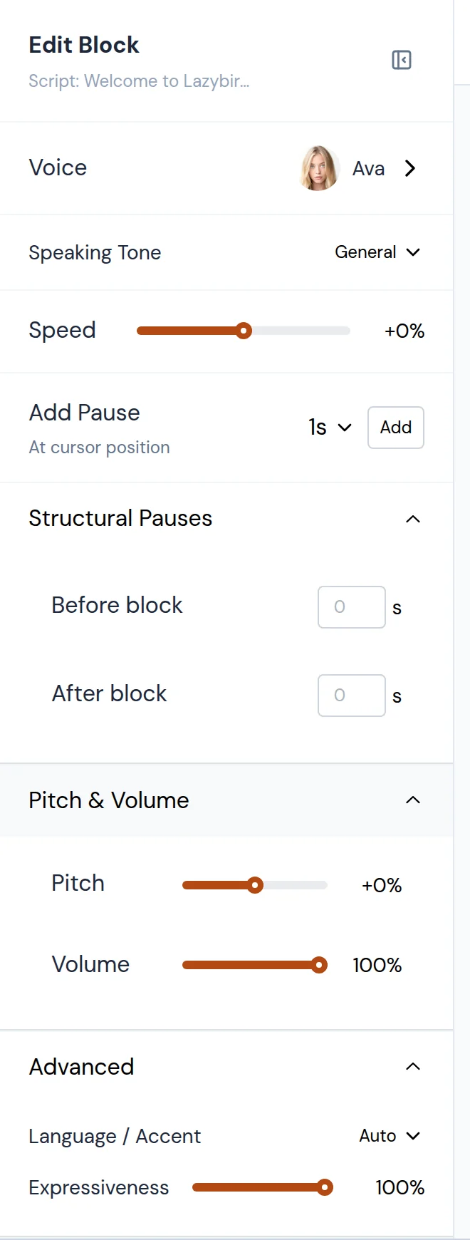 Edit Block panel with Voice, Speaking Tone, Speed, Add Pause, Structural Pauses, Pitch and Volume, and Advanced settings