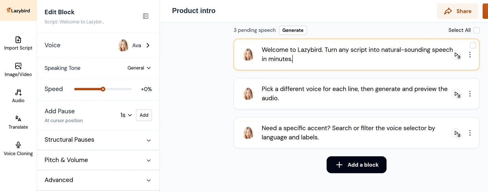 Lazybird Studio editor with the Edit Block panel open and three script blocks