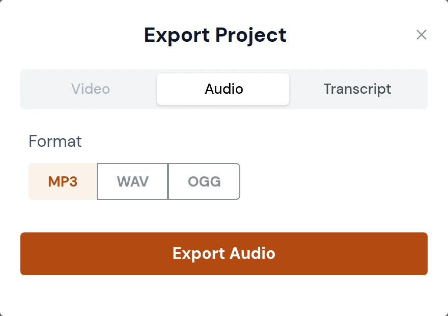 Export Project dialog with Video, Audio and Transcript tabs and MP3, WAV and OGG formats