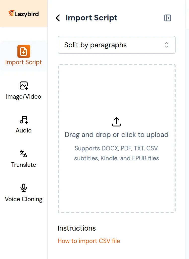 Import Script panel with the split mode selector and the upload area