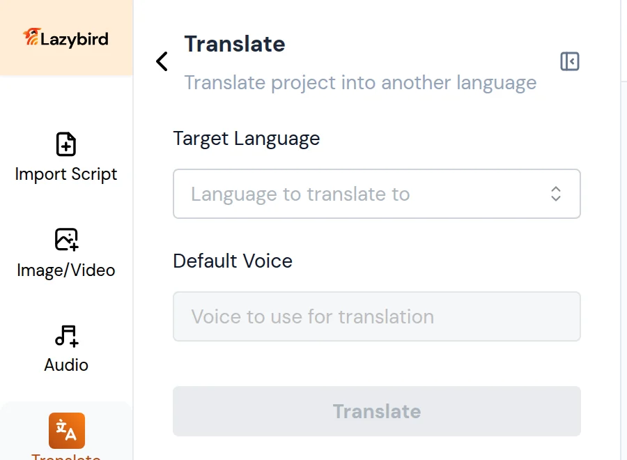 Translate panel with Target Language and Default Voice