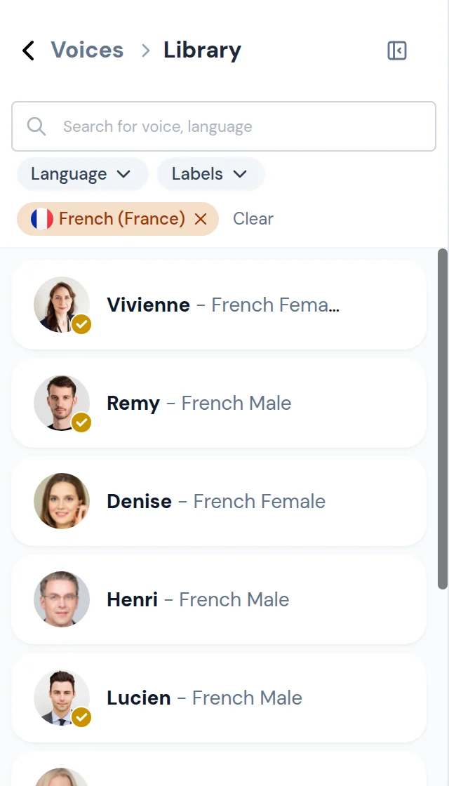 Explore view of the Library filtered to French (France) voices