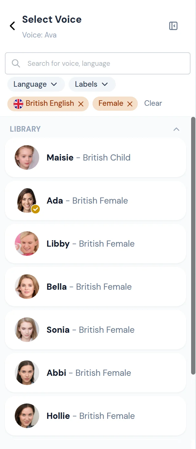 Voice selector filtered to British English and Female, showing matching voices