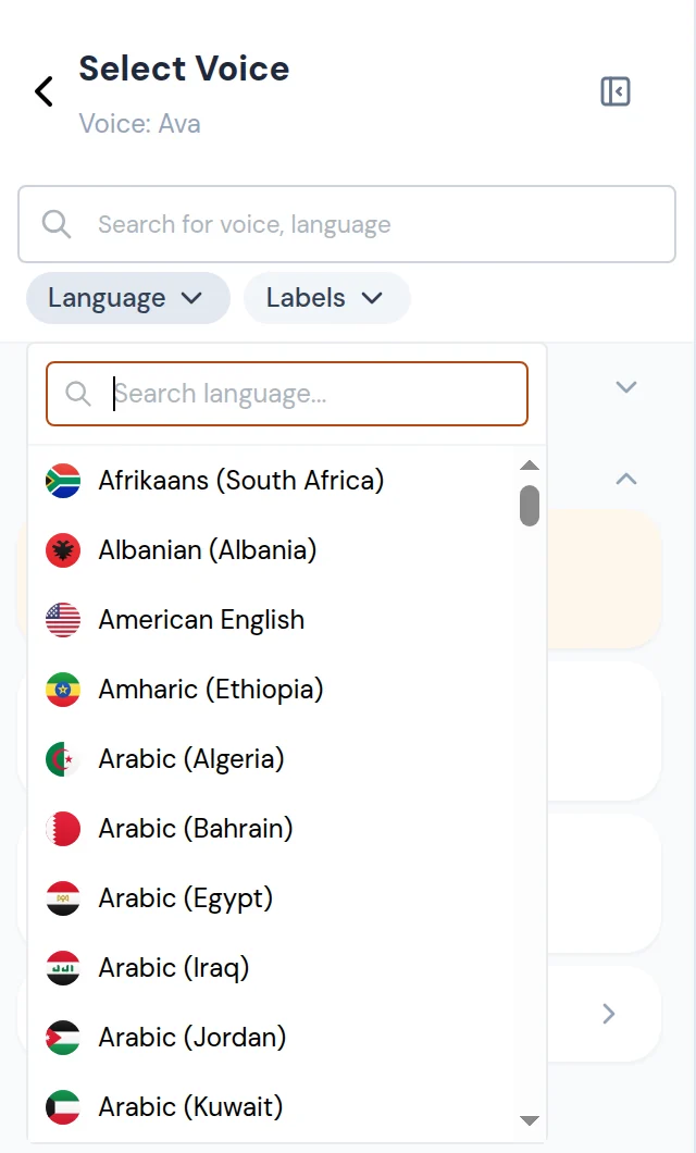Language filter dropdown with a search box and a list of languages