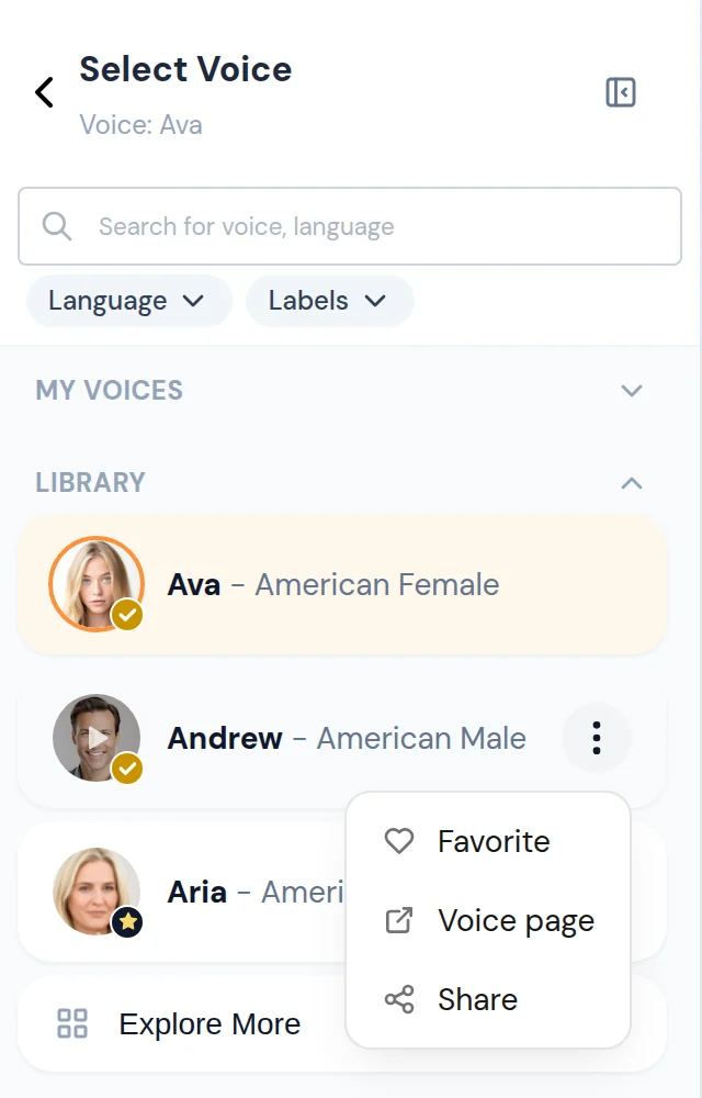 Voice row menu with Favorite, Voice page and Share