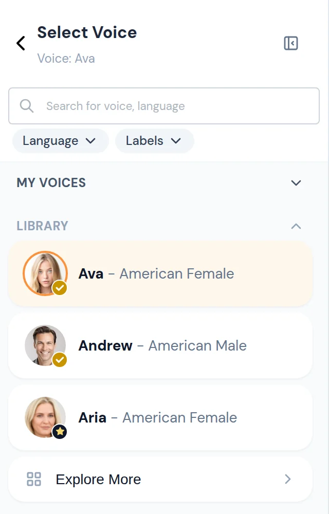 The Select Voice panel with search, Language and Labels filters, and My Voices and Library sections